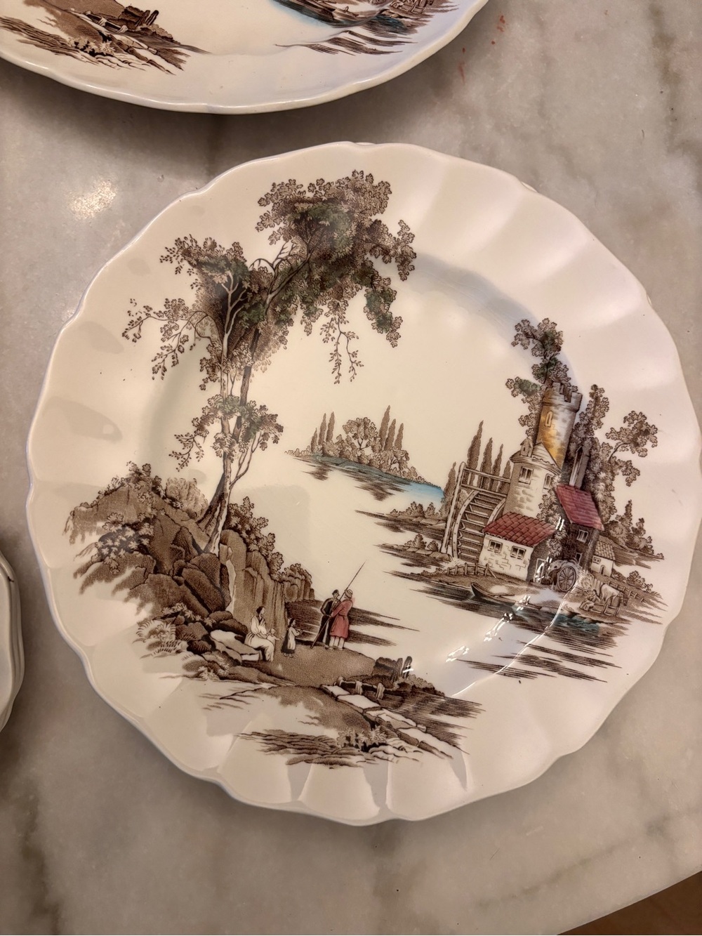 Scenic Ceramic Dinner Plate in White with Brown and Green Accents